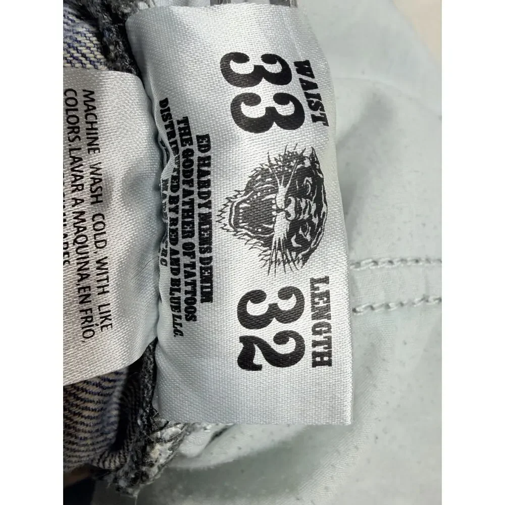 Ed Hardy Mens 33x32 Christian Audigier Embroidered Light Wash Straight Jeans